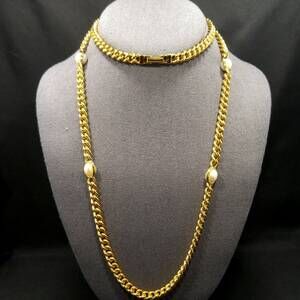 Vintage Long Gold Plated Chain Necklace, 4 Pearled Reversible Cabochons, 36 Inch